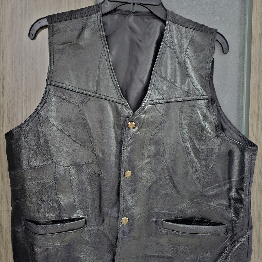 Men's Black Patchwork Genuine Leather Vest Size M
